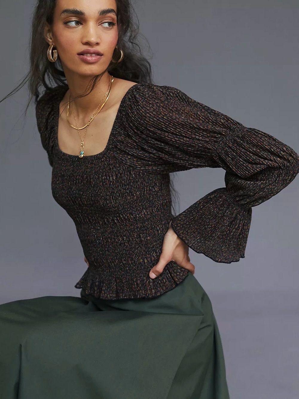 Anthropologie Smocked Metallic Peasant Top Womens S Bell Sleeve Square Neck
